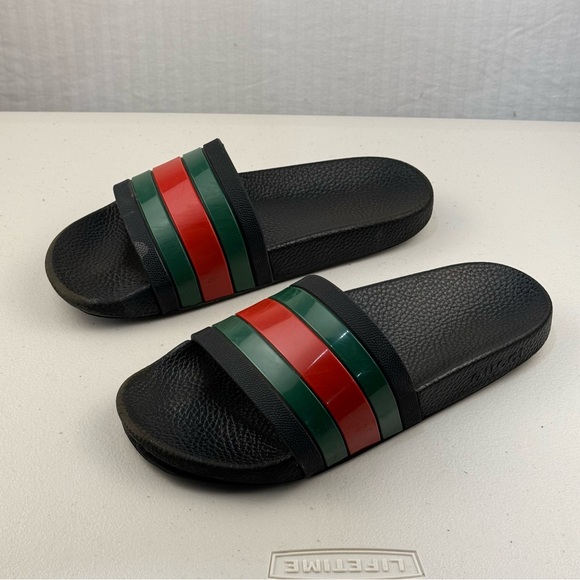 Gucci Black Slides Red Green Web Sandals Men’s Size 8 Luxury Classic Preppy - Picture 10 of 14
